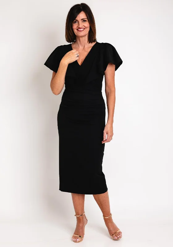 Kevan Jon Karolina Frill Sleeve Midi Dress, Black Comfortable midi dresses for everyday wear Kevan Jon Karolina Frill Sleeve Midi Dress, Black Comfortable midi dresses for everyday wear