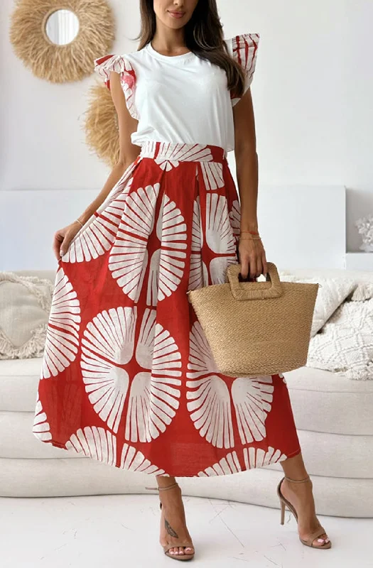 Lina Patterned Frill Two Piece Co-Ord Set-Red Summer unclassified skirts