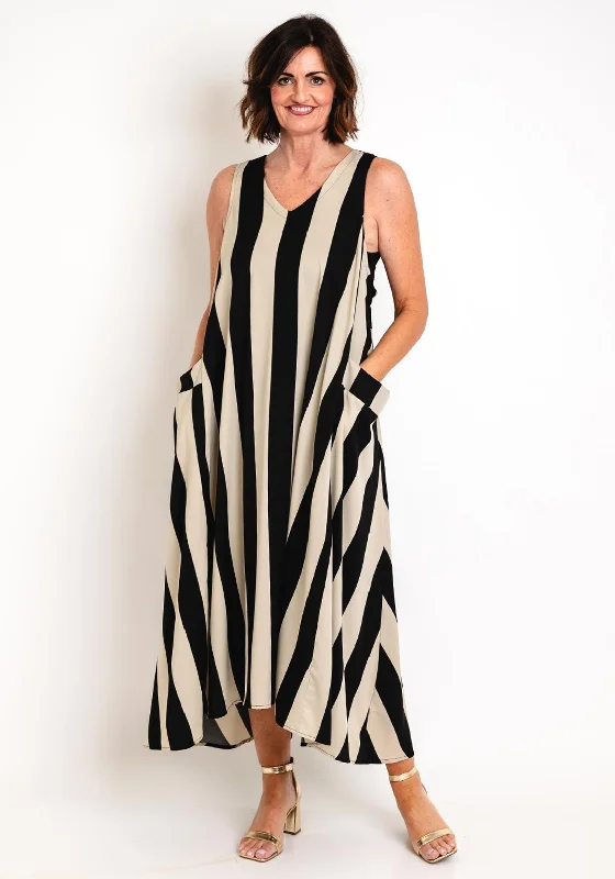 Natalia Collection One Size Flowy Striped Midi Dress, Black Street style midi dresses