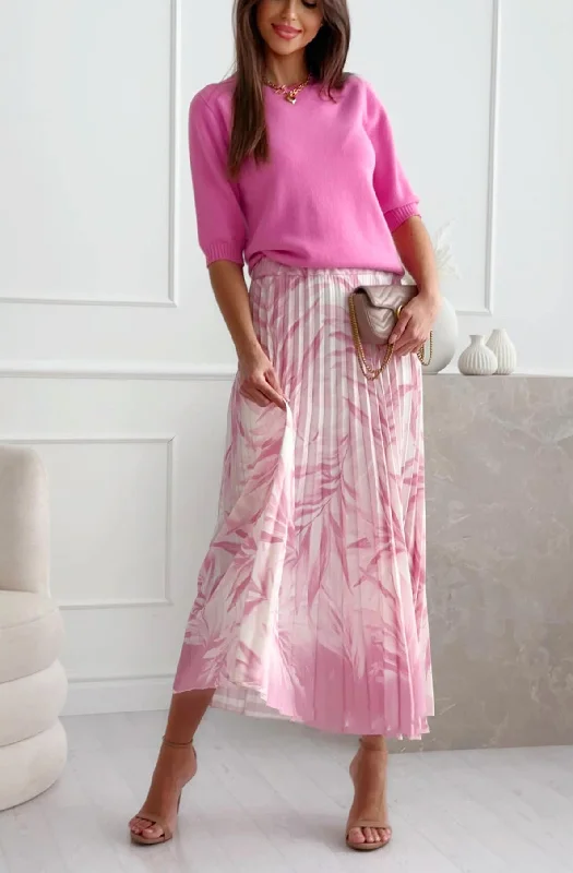Tara Pleated Tropical Floral Midaxi Skirt-Pink Holiday unclassified skirts
