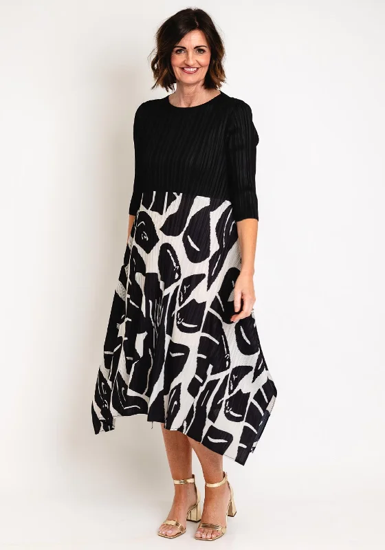 Thanny Pleated Abstract Print Midi Dress, Black Vacation midi dresses