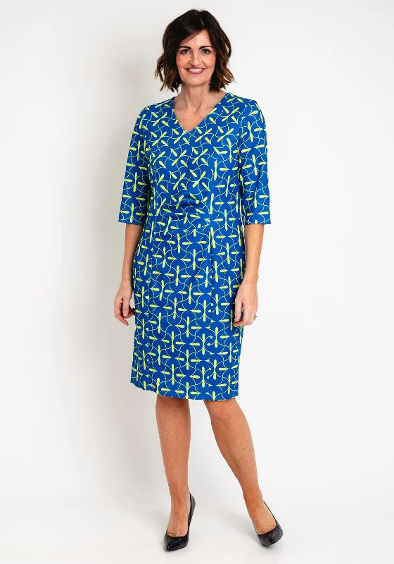 Via Veneto Printed Ruched Midi Dress, Royal Blue & Lime Holiday midi dresses