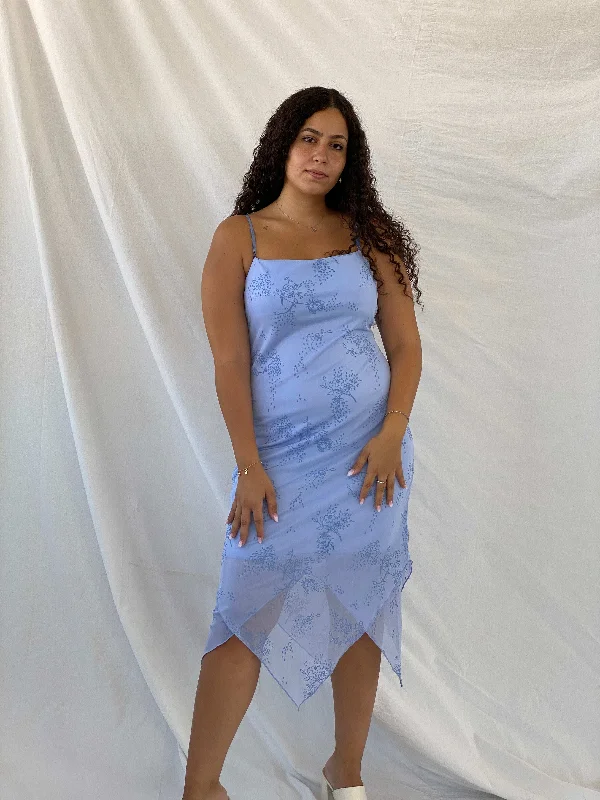 Vintage 2000s City Triangles Blue Sparkly Midi Dress With A Fairy Hem - L Ruffled midi dresses Vintage 2000s City Triangles Blue Sparkly Midi Dress With A Fairy Hem - L Ruffled midi dresses