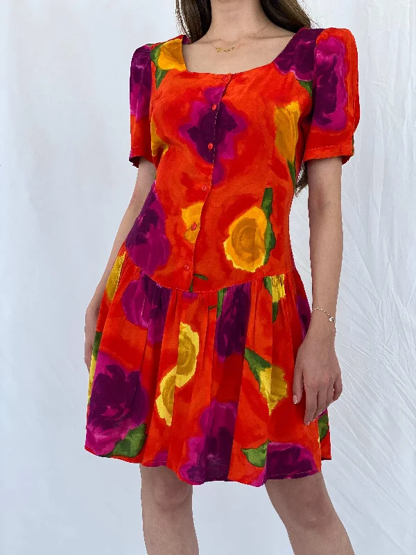 Vintage 80s La Li T Orange Floral Midi Dress - L Fashion Nova midi dresses