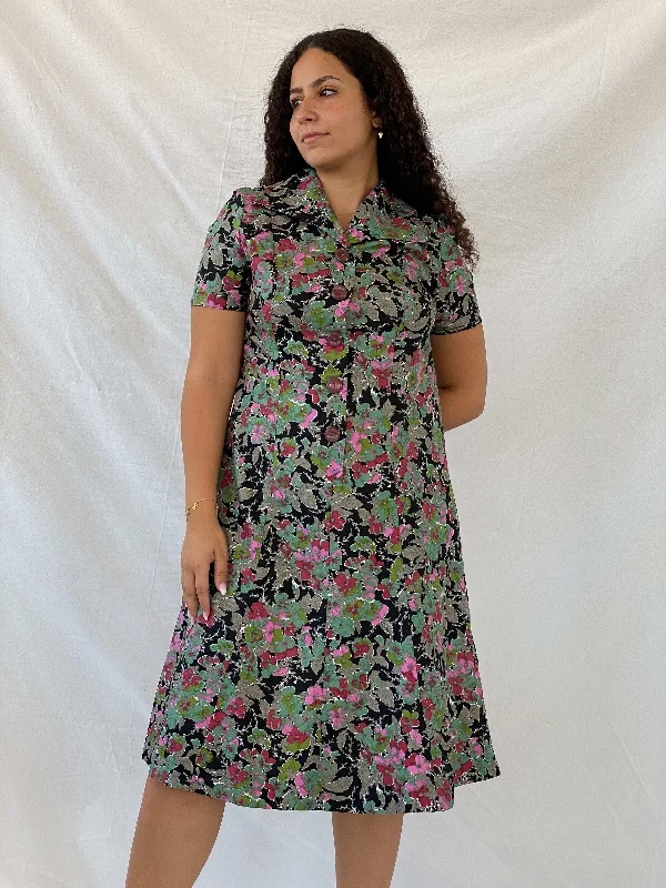 Vintage Handmade Floral Picnic Black and Green Midi Dress - L PrettyLittleThing midi dresses Vintage Handmade Floral Picnic Black and Green Midi Dress - L PrettyLittleThing midi dresses