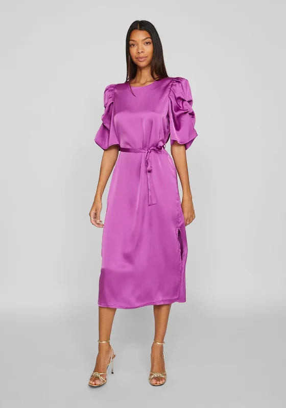 Vila Ravenna Satin Puff Sleeve Midi Dress, Cattleya Orchid Chic midi dresses