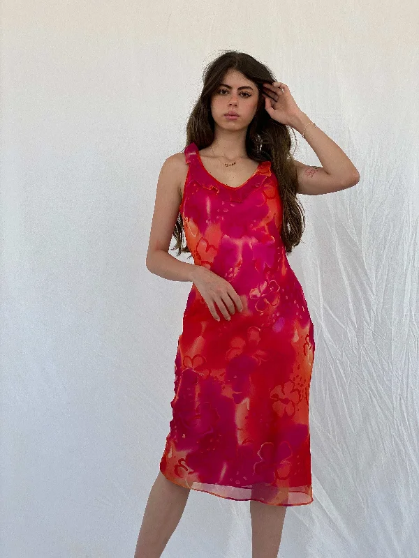 Y2K Cõté Femme Orange & Pink Midi Dress - M Preppy midi dresses