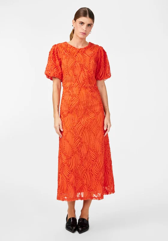 Y.A.S Bilo Puff Sleeve Jacquard Midi Dress, Cherry Tomato Minimalist midi dresses