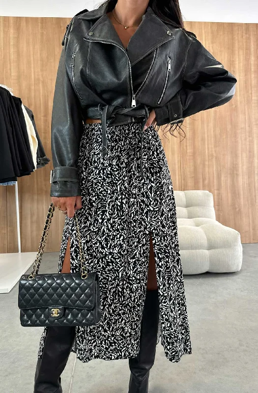 Zelda Abstract Patterned Side Slit Midaxi Skirt-Black Breathable unclassified skirts