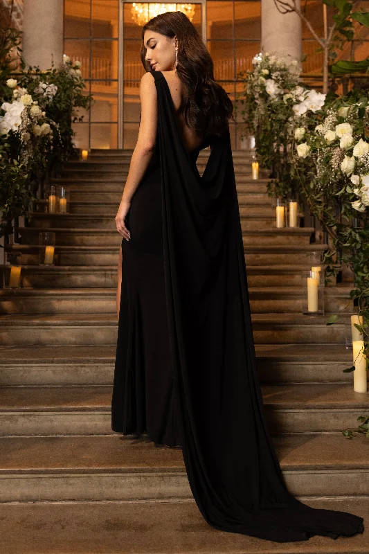 A Toast | Black Split Maxi Dress With Draped Cape Cute floral print maxi dresses