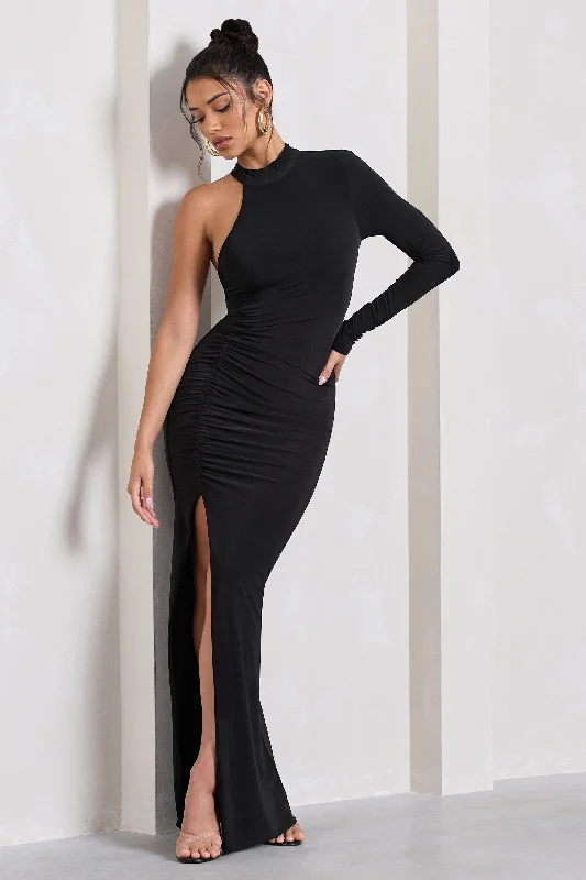 Alina | Black Ruched High-Neck Asymmetric Split Maxi Dress Hot new arrivals in maxi dresses