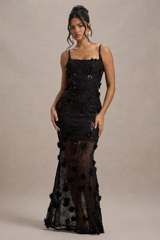 All Of Me | Black Sequin Sheer Maxi Dress With Flowers Summer party maxi dresses