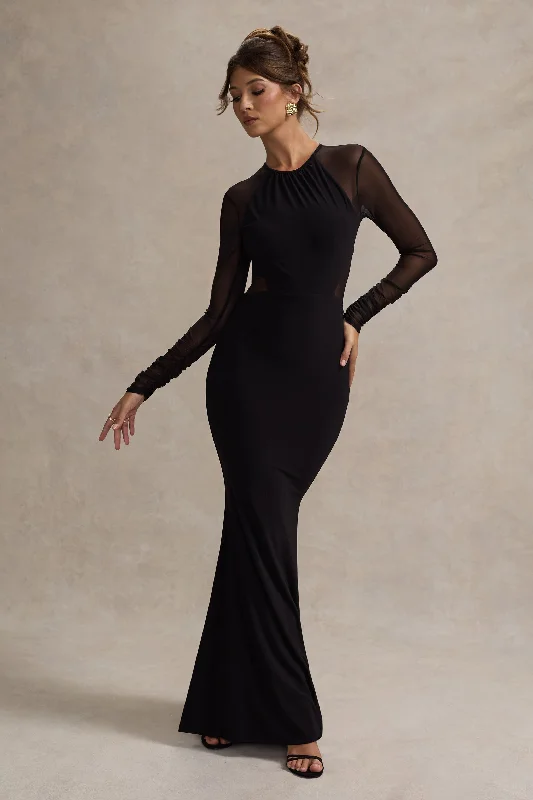 Brittany | Black Mesh Insert Maxi Dress Denim maxi dresses
