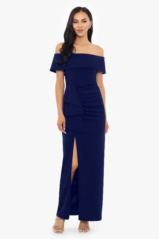 "Camila" Long Off the Shoulder Scuba Crepe Dress Stretchy maxi dresses