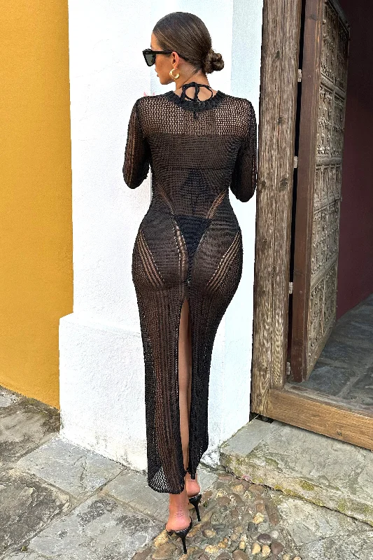 Caribbean | Black Crochet Long-Sleeve Split Maxi Dress Comfortable maxi dresses for everyday wear