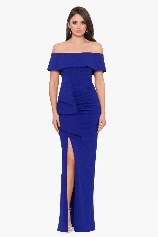 Petite "Camila" Long Off the Shoulder Scuba Crepe Dress Birthday maxi dresses