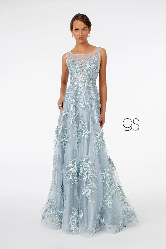 Embroidered Mesh A-Line Long Prom Dress Velvet maxi dresses