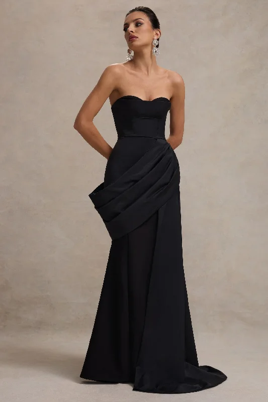 Fallen | Black Strapless Corset Maxi Dress With Drape PrettyLittleThing maxi dresses
