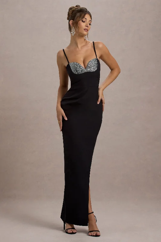 Ignacia | Black Asymmetric Maxi Dress With Hotfix Detail Luxury maxi dresses