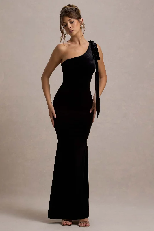 Jillian | Black Velvet Asymmetric Maxi Dress With Bow Strap Smocked maxi dresses