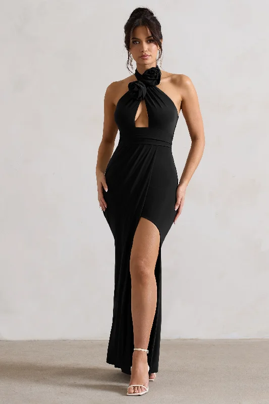 Kira | Black Halter-Neck Cut-Out Split Maxi Dress With Flowers High-end maxi dresses