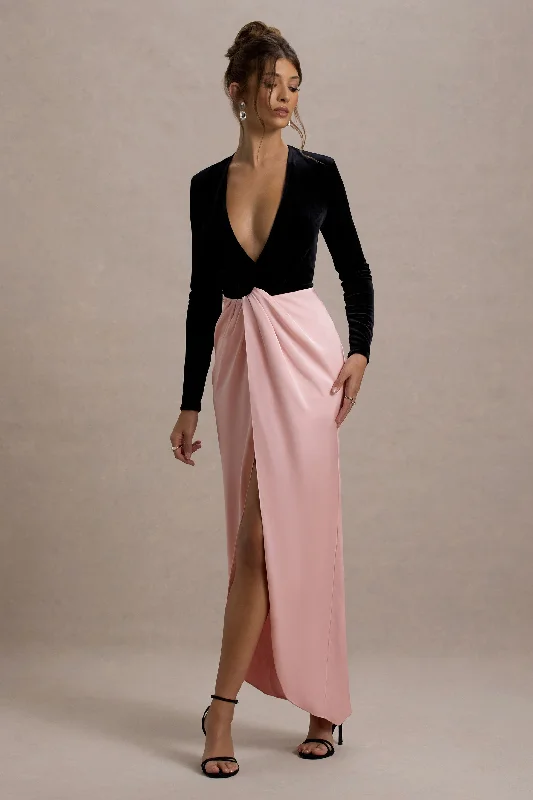 Love Spell | Black Velvet Plunge-Neck Maxi Dress With Pink Satin Skirt Sexy little black maxi dresses