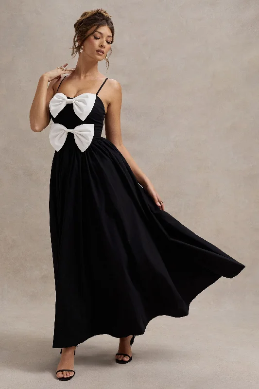 Loved Up | Black Strappy Pleated Maxi Dress With Bows Flattering maxi dresses for all body types