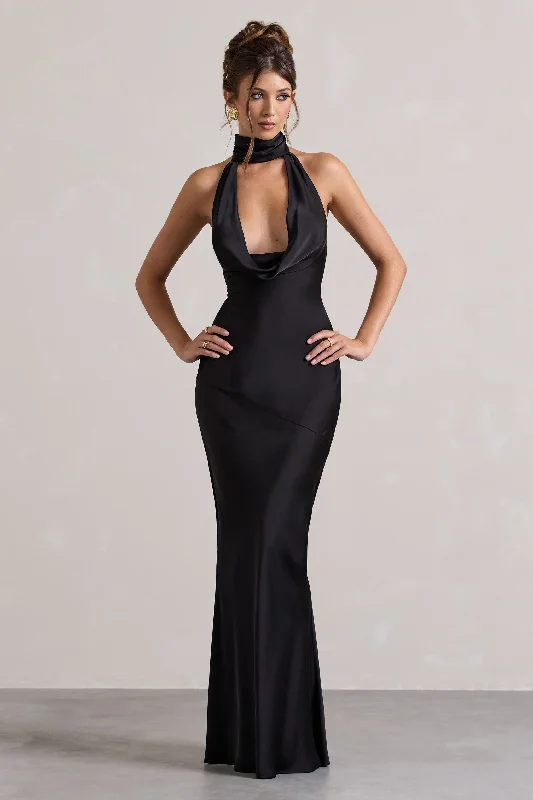 Matea | Black Satin Cowl-Neck Maxi Dress Wrap maxi dresses