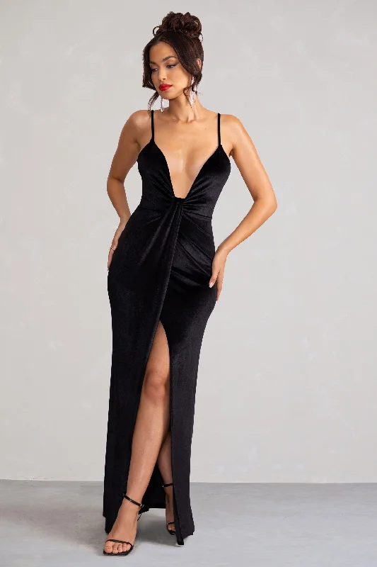 Miranda | Black Velvet Plunge Neck Twist Maxi Dress Shein maxi dresses