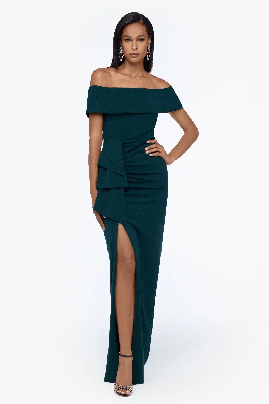 Petite "Camila" Long Off the Shoulder Scuba Crepe Dress Fall maxi dresses