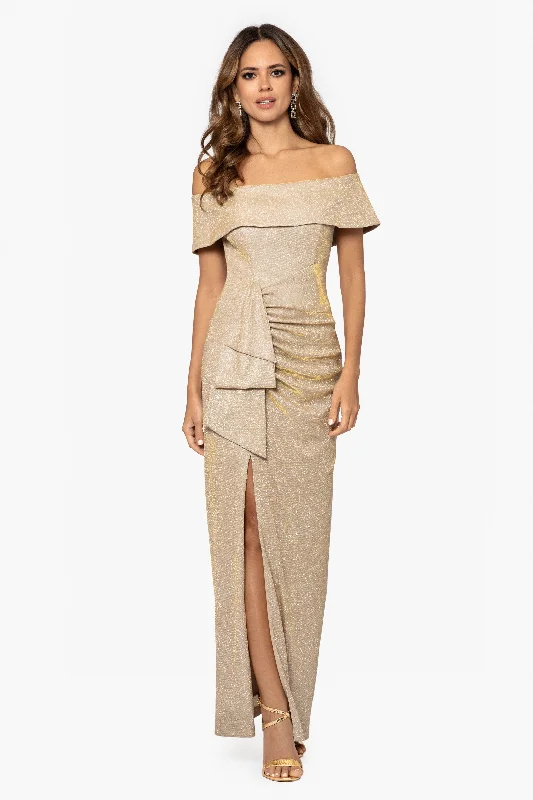 "Tessa" Long Glitter Off the Shoulder Ruffle Dress Preppy maxi dresses