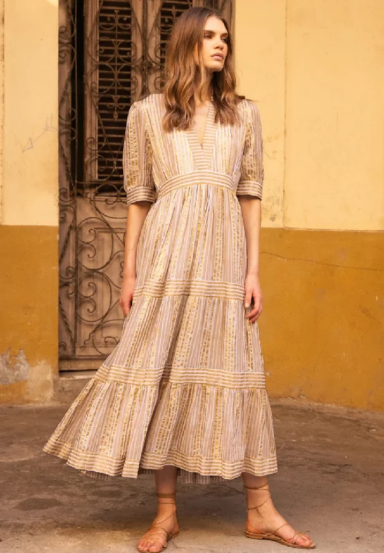 V- Neck Cuffed Maxi Samoa Tan Gold Trendy maxi dresses under $50