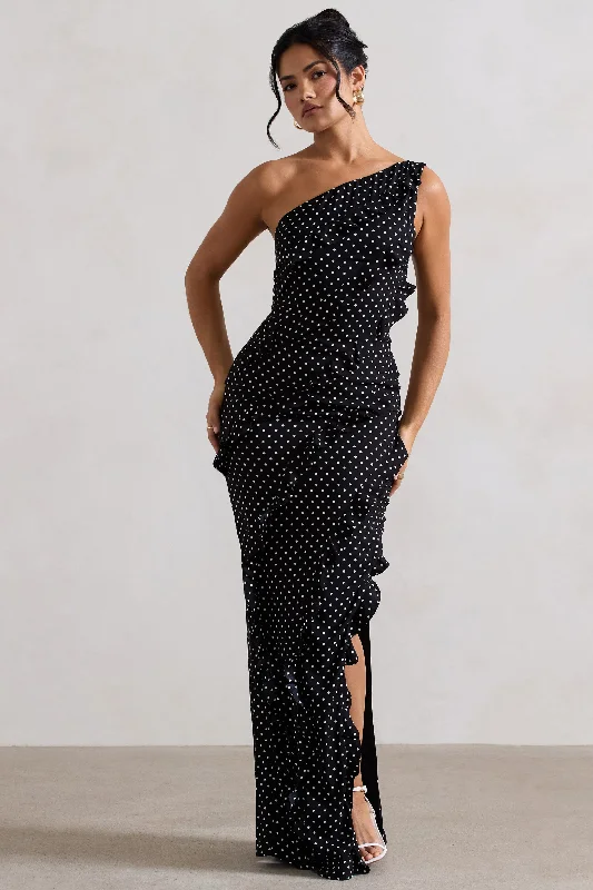 Zafra | Black Polka Dot Asymmetric Ruffle Maxi Dress Winter maxi dresses