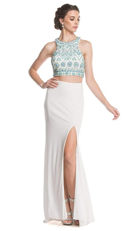 Aspeed Design - Beaded Sheath Evening Dress with Slit Tulle party dresses