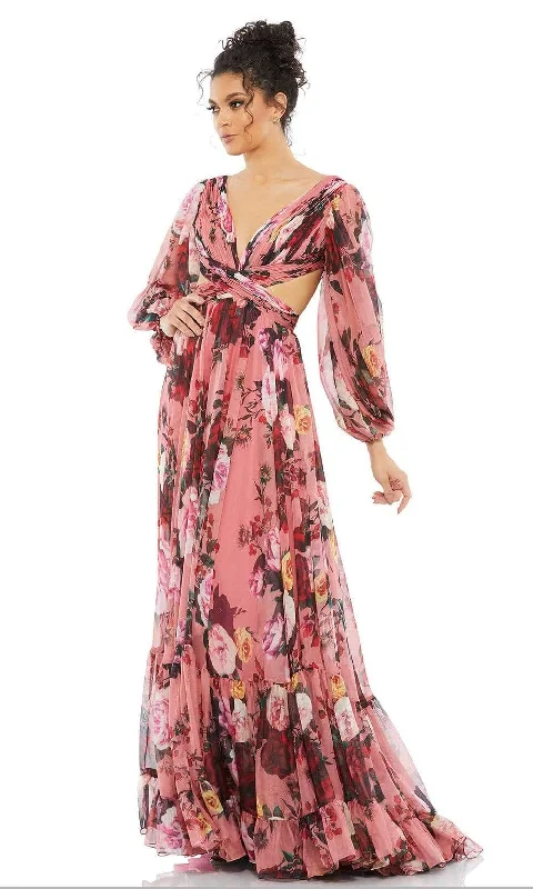 Ieena Duggal - 67946 Floral Printed Ruched A-Line Gown Smocked party dresses