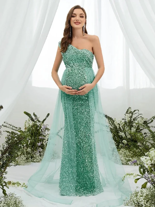 Maternity One Shoulder Mesh Overlay Sequin Party Dress Holiday party dresses