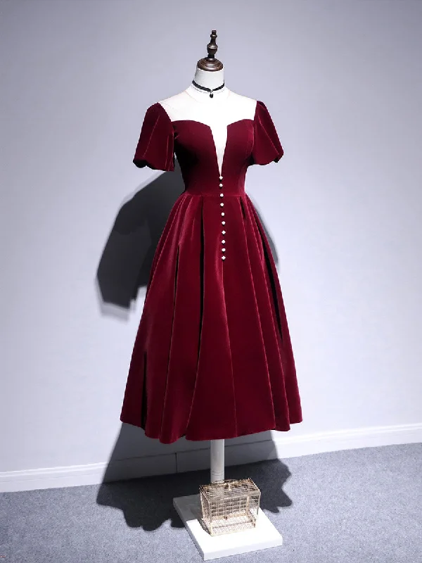 A line Velvet Tea Length Prom Dresses, Burgundy Velvet Bridesmaid Dresses Budget-friendly unclassified dresses