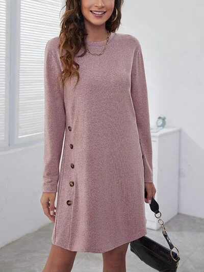Blue Zone Planet |  Decorative Button Round Neck Dress Silk unclassified dresses