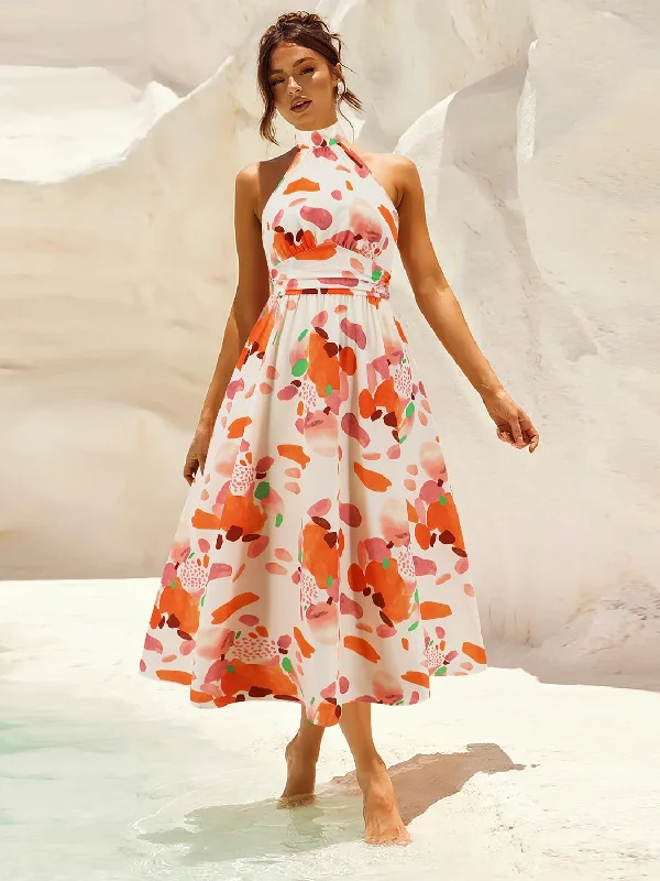 Blue Zone Planet |  Ruched Printed Halter Neck Sleeveless Dress Velvet floral dresses