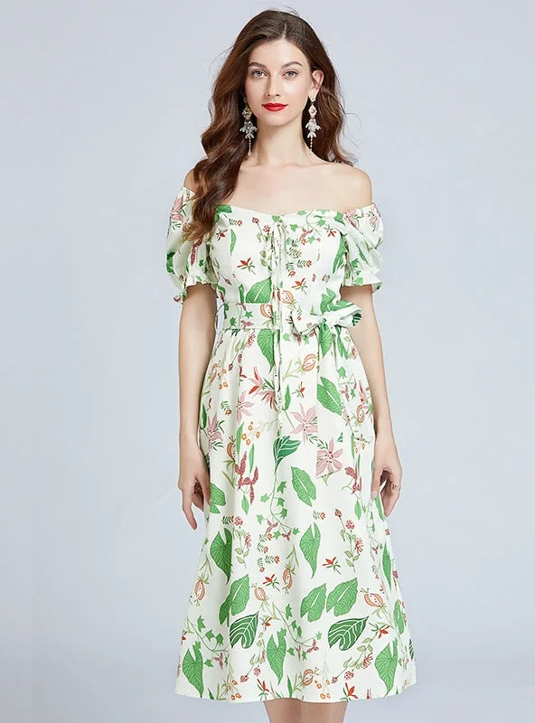 Bubble Sleeve Waist Slim Green Print Dress Spring floral dresses