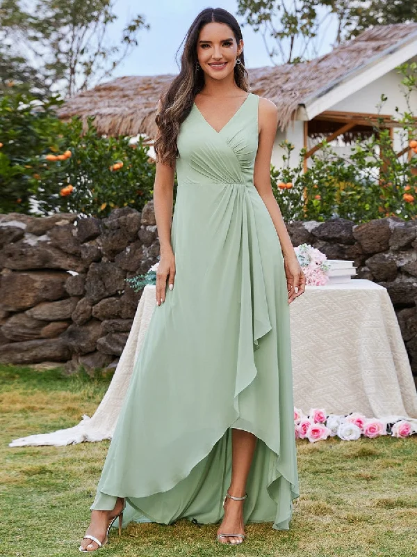 Chic High-Low V-Neck Chiffon Bridesmaid Dress with Front Pleating Comfortable unclassified dresses Chic High-Low V-Neck Chiffon Bridesmaid Dress with Front Pleating Comfortable unclassified dresses
