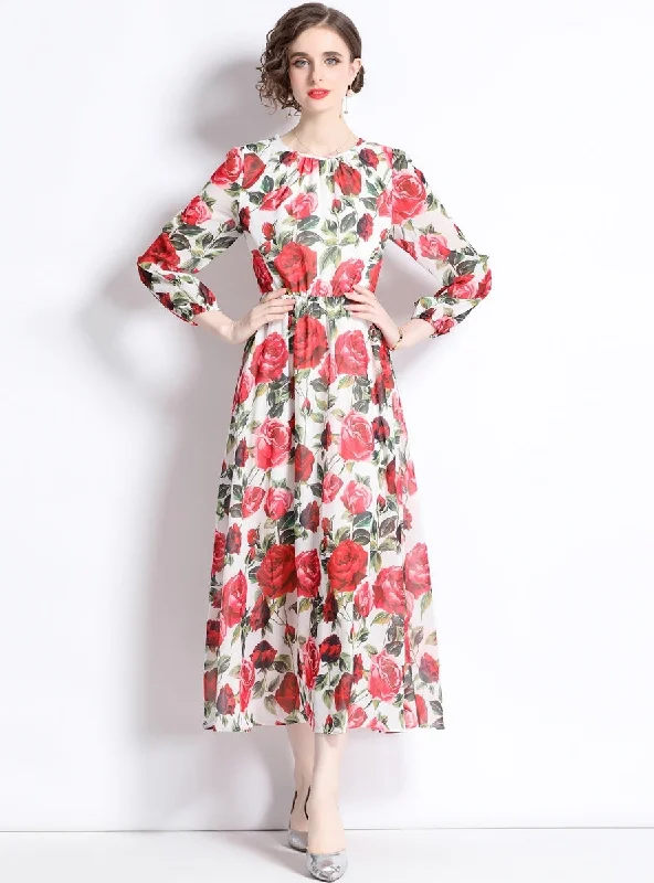 Chiffon Rose Printing Long Sleeve Casual Beach Dress Satin floral dresses