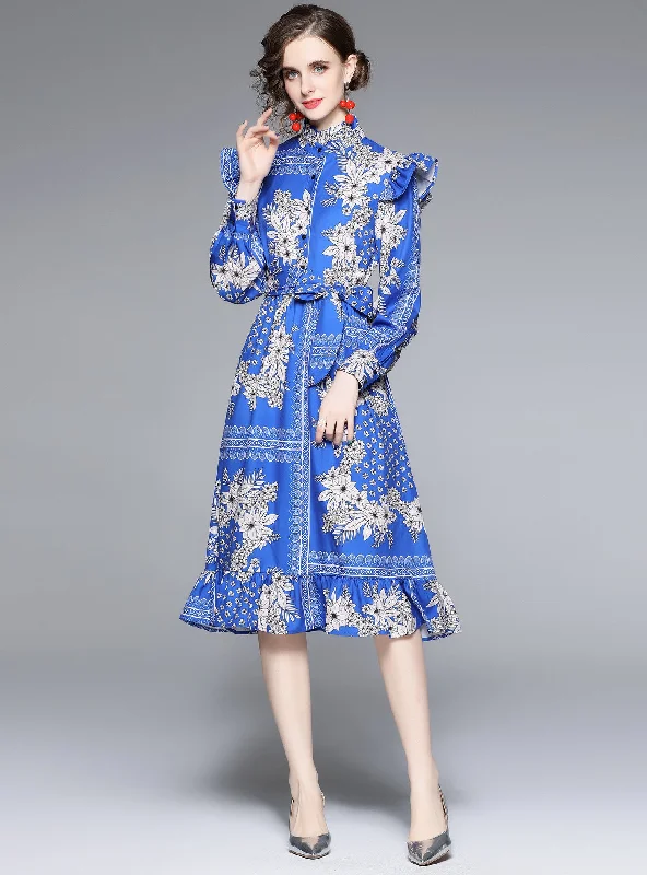 Collar Waist Print Ruffled Dress Expensive floral dresses