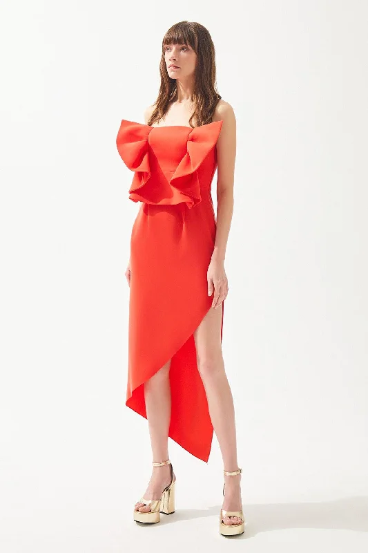 Coral Strapless Bow Detailed Asymmetrical Cut Dress Stretchy unclassified dresses
