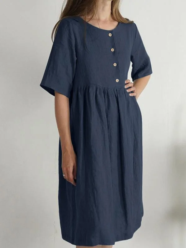 Blue Zone Planet |  Cotton Linen Round Neck Loose Solid Color Pocket Dress Club unclassified dresses