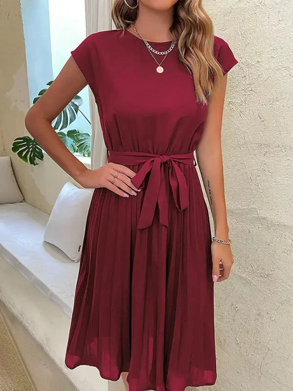 Blue Zone Planet |  Emma's Woven Round Neck Pleated Knee-Length Dress Best-selling unclassified dresses
