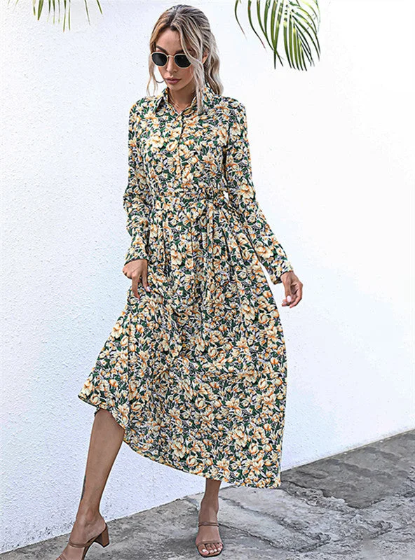 Floral Flower Print Long Sleeve Womens Dress Budget-friendly floral dresses