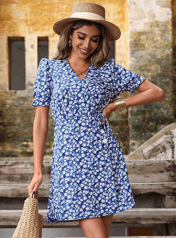 Floral High Waist Slim V-neck Dress Lightweight floral dresses for hot weather