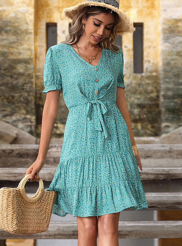 Floral Pleated Knotted V-neck Print Dress Edgy floral dresses