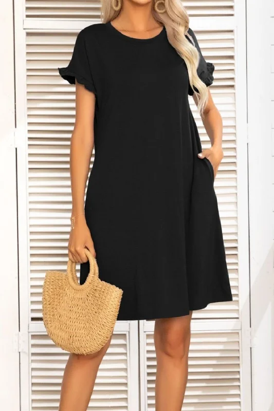 Flounce Sleeve Round Neck Dress with Pockets Ruched unclassified dresses